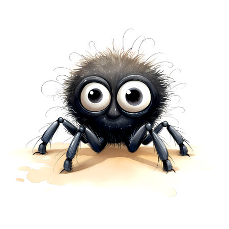 cartoon black spider with big eyes on white background - illustration for childrenの素材