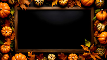 Autumn background with pumpkins, leaves and blackboard for textの素材