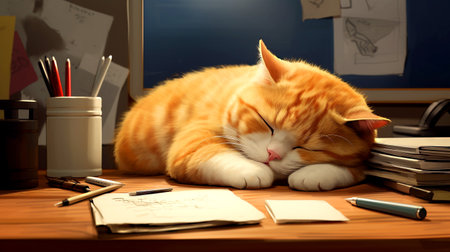 Cute ginger cat sleeping on a wooden table in the office.の素材