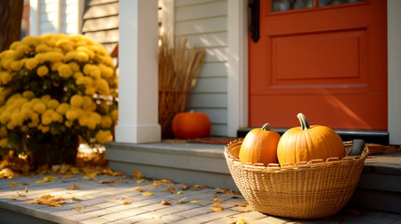 Wicker basket with pumpkins on porch of house, closeupの素材