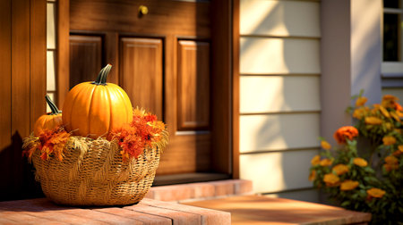 pumpkin in a basket on the porch of a country houseの素材