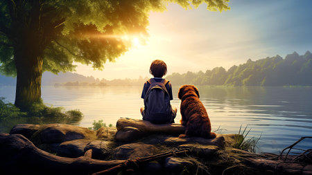 A boy with a dog on the shore of a lake at sunsetの素材