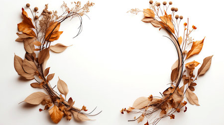 Autumn composition. Wreath made of dried leaves on white background. Flat lay, top view, copy spaceの素材