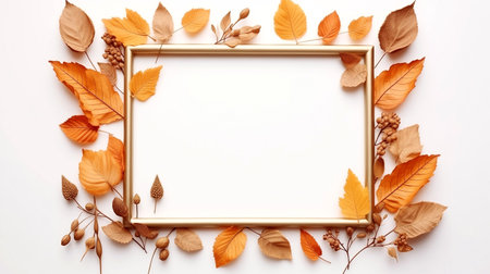 Autumn composition. Frame made of autumn leaves on white background. Flat lay, top view, copy spaceの素材