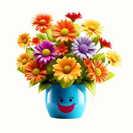 Cartoon bouquet of flowers in vase isolated on white backgroundの素材