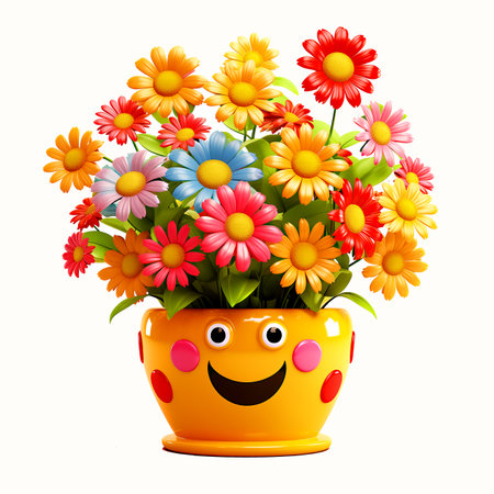 Flower pot with smiling face isolated on white background. Vector illustration.の素材