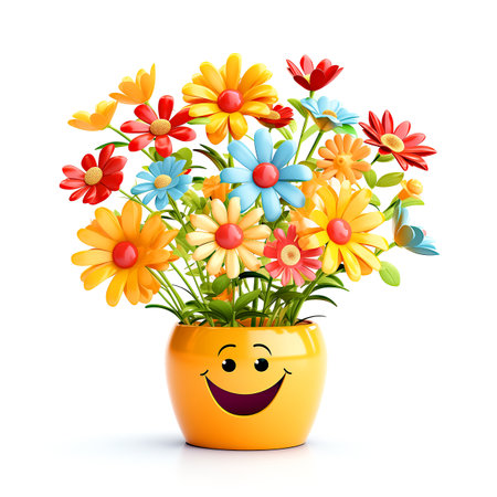 Cartoon flower in pot with smiley face. Vector illustration.の素材