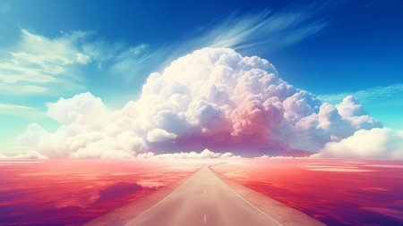 Road to heaven with clouds and blue sky. 3d illustration.の素材