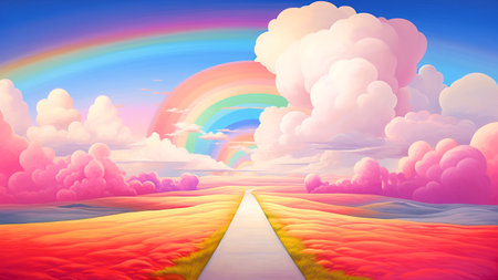 Landscape with rainbow and road to heaven. 3D illustration.の素材