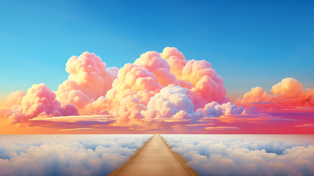 Conceptual cloudscape with path leading to heaven. 3d illustrationの素材