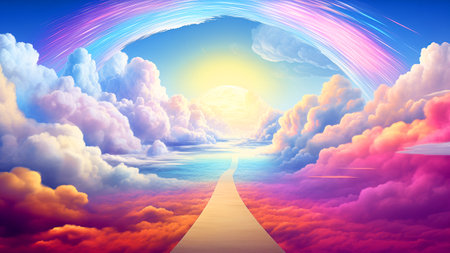 Conceptual image of a road going through the clouds at sunsetの素材