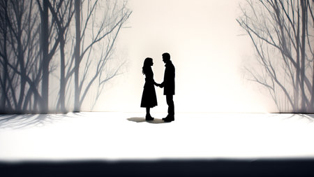 Silhouette of a man and a woman standing in the fogの素材