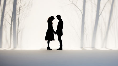 Silhouette of a loving couple in the winter forest on a foggy dayの素材