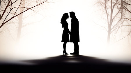 Silhouette of a couple in love on a foggy backgroundの素材