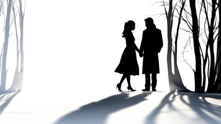 Silhouette of a man and a woman in a winter forestの素材