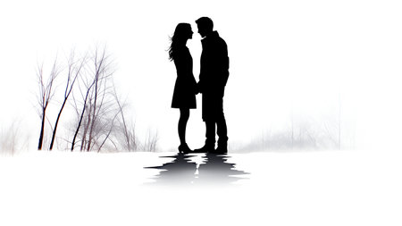 Silhouette of a loving couple in the winter on a white backgroundの素材
