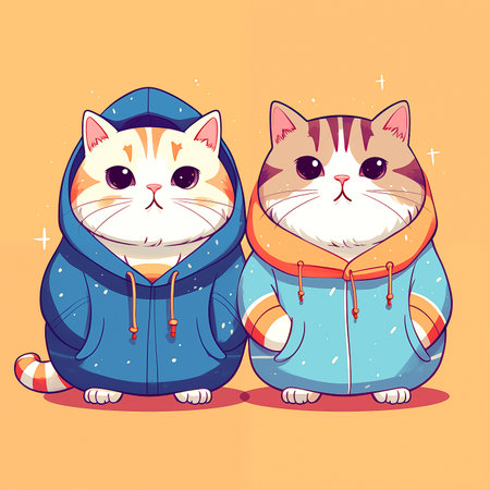 Cute cat and kitten in warm winter clothes. Vector illustration.の素材