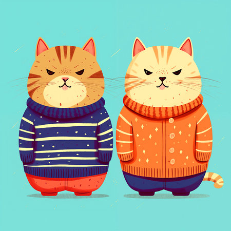 Two cute cats in warm sweaters on a blue background. Vector illustration.の素材