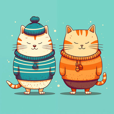 Hand drawn vector illustration of two cute cats in winter sweaters.の素材