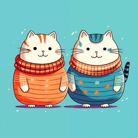 Cute cartoon cat and kitten in winter clothes. Vector illustration.の素材