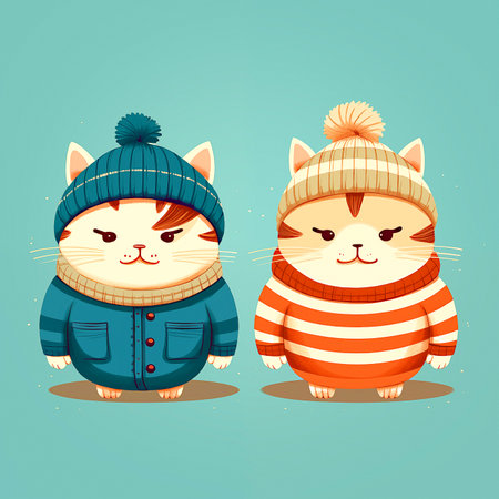Cute cartoon cat in winter clothes. Vector illustration on blue background.の素材