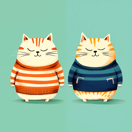 Two funny cats in sweaters on a blue background. Vector illustrationの素材