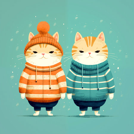 Cute couple of cats in warm winter clothes. Vector illustration.の素材