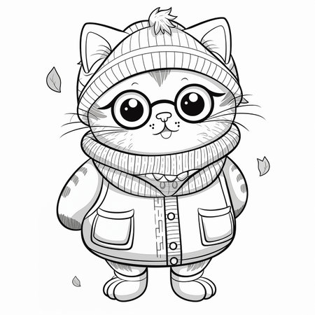 Cute cartoon cat in winter clothes. Vector illustration for coloring book.の素材