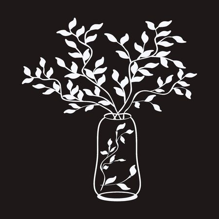 Vector outline simple illustration white tree branches in a vase on black backgronnd. Sketch for books. Print on paper, fabric, ceramics. Pattern for interior, fashion, furniture design, outline sketch for pillow, tile. Simple styleのイラスト素材