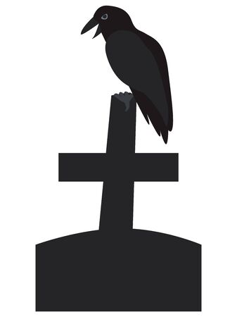 Vector illuctration Raven is sitting on cross tombstone on a white backdround. Halloween designのイラスト素材