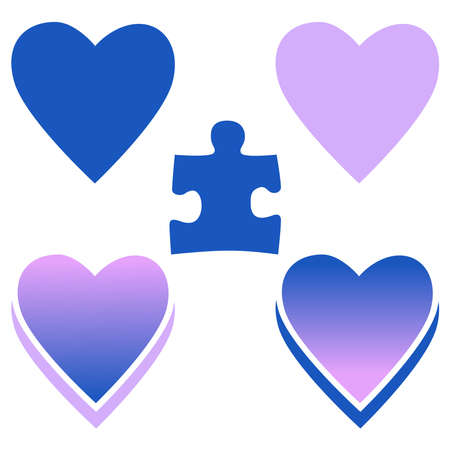 Autism awareness symbols. Set Hearts and Puzzle pattern. Vector illustration. Isolated on a white background.のイラスト素材