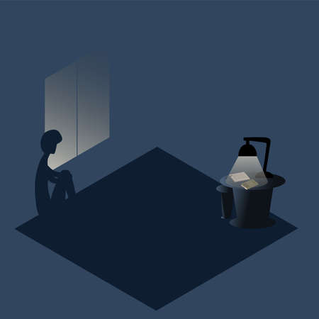 Sad girl is sitting on the floor near the window. Loneliness. Depressed teenager. Woman alone looking out the window. Monochrome vector illustration. Copy spaceのイラスト素材
