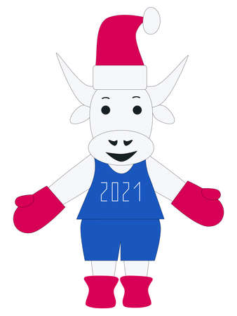 White bull. Chinese New Year symbol. Cute bull and 2021. Element for Holidays design. Vector illustration. Isolated on a white background.のイラスト素材