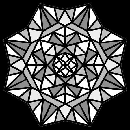 Monochrome abstract kaleidoscope pattern. Black and white mosaic. Vector illustration. Isolated on a black background.のイラスト素材