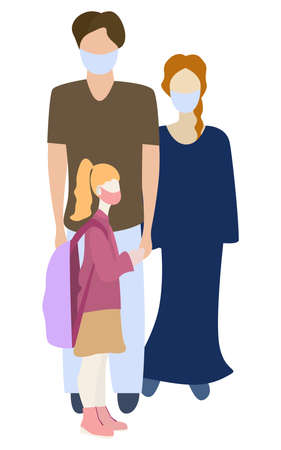 Parents with daughter in medical masks. Vector illustration. Isolated on a white backgroundのイラスト素材