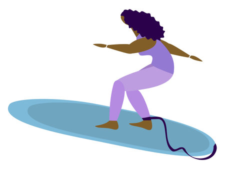 Surfer girl riding wave. Flat style. Isolated vector illustration on white background.のイラスト素材