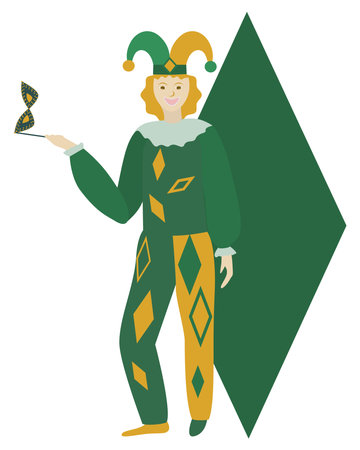 Mardi Gras character. Harlequin holding a carnival mask. Isolated vector illustration.のイラスト素材