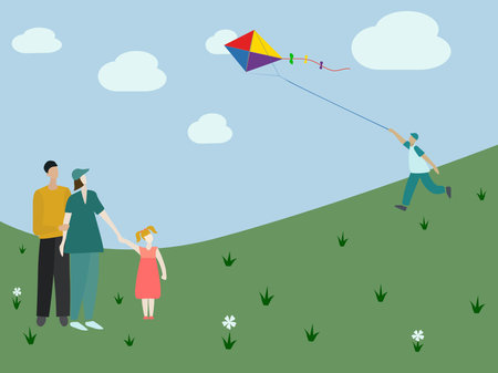 Happy family on nature. Boy running in meadow with kite. Father, mother and little daughter look at kite.のイラスト素材