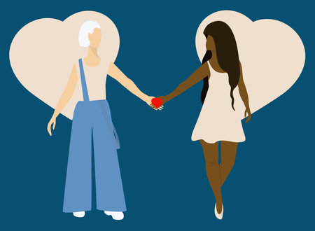 Valentine's Day card. Lesbian couple holding heart. Women in love. Vector illustrationのイラスト素材