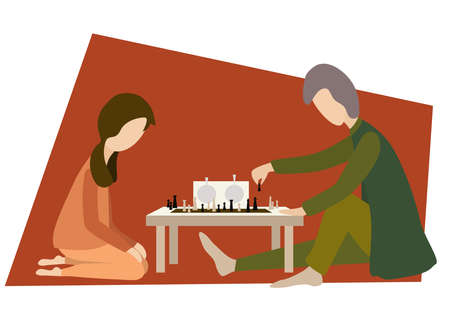 Father and daughter are playing chess while spending time together at home. domestic life. isolated vector illustrationのイラスト素材