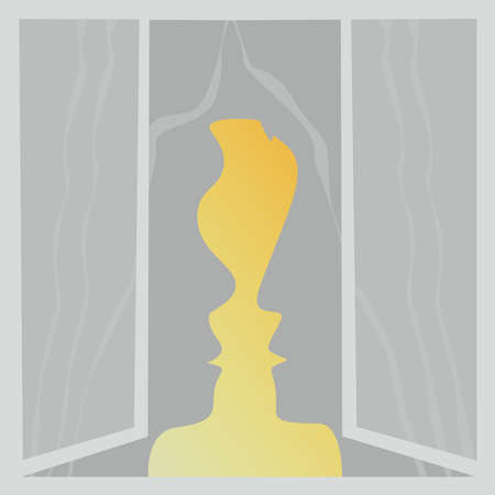 Optical illusion. Two human faces in window. Candle and faces. Vector illustrationのイラスト素材