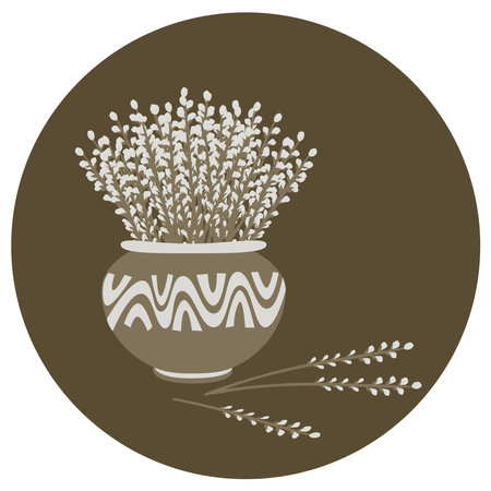 Pussy willow branches in old clay pot. Easter decoration. Spring bouquet. Isolated vector illustration.のイラスト素材