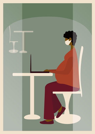 Pregnant woman sitting in cafe in protective mask and using laptop. Freelance work concept. Side view. Vector illustrationのイラスト素材