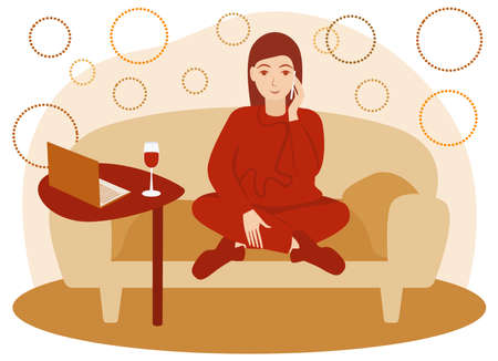 Young woman work at home. Time is relax. Girl sitting on sofa and talking phone. Laptop and glass of wine on little table. Freelancer resting. Isolated vector illustration on white backgroundのイラスト素材
