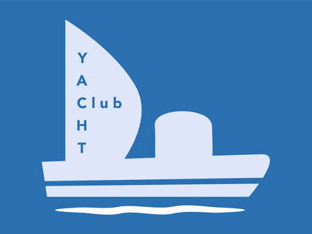 White yacht on a blue background. Yacht Club emblem or icon. Isolated vector illustration for design.のイラスト素材