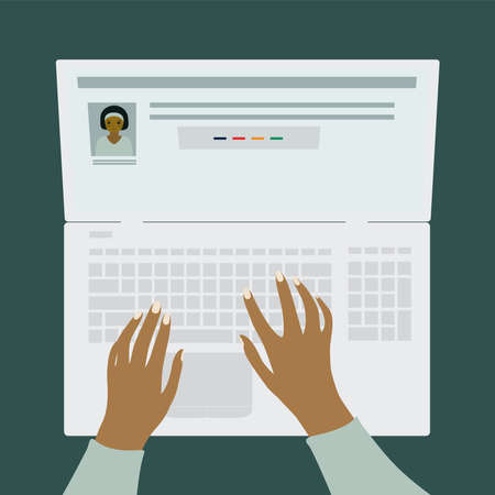 Human is registering on website. Man and woman looking for freelance work. Human hands on a laptop keyboard. Above from view. Isolated vector illustrationのイラスト素材