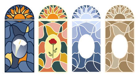 Stained glass window. Set of multi-colored mosaic pattern. Isolated vector illustration on white backgroundのイラスト素材