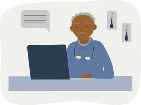 Elderly freelancer using laptop. Freelance work for everyone concept. Old man working or studying at home. Online communication. Isolated vector illustrationのイラスト素材