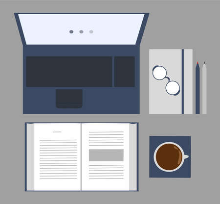 Workplace. View from above. Laptop to boot. Open book and cup of coffee. Notebook and pencils. Vector illustration. Flat style.のイラスト素材