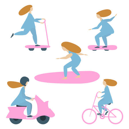 Set of people performing sport and leisure outdoor activities Riding and surfing. isolated vector illustrationsのイラスト素材